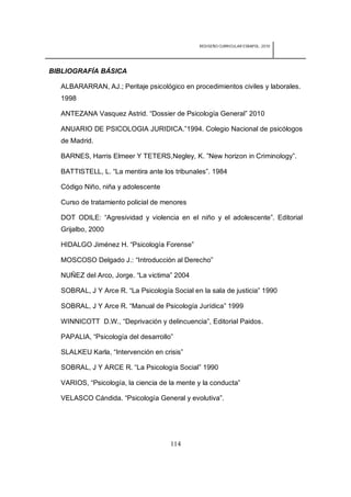 REDISEÑO CURRICULAR ESBAPOL: 2010




BIBLIOGRAFÍA BÁSICA

  ALBARARRAN, AJ.; Peritaje psicológico en procedimientos civiles y laborales.
  1998

  ANTEZANA Vasquez Astrid. “Dossier de Psicología General” 2010

  ANUARIO DE PSICOLOGIA JURIDICA.”1994. Colegio Nacional de psicólogos
  de Madrid.

  BARNES, Harris Elmeer Y TETERS,Negley, K. ”New horizon in Criminology”.

  BATTISTELL, L. “La mentira ante los tribunales”. 1984

  Código Niño, niña y adolescente

  Curso de tratamiento policial de menores

  DOT ODILE: “Agresividad y violencia en el niño y el adolescente”. Editorial
  Grijalbo, 2000

  HIDALGO Jiménez H. “Psicología Forense”

  MOSCOSO Delgado J.: “Introducción al Derecho”

  NUÑEZ del Arco, Jorge. “La victima” 2004

  SOBRAL, J Y Arce R. “La Psicología Social en la sala de justicia” 1990

  SOBRAL, J Y Arce R. “Manual de Psicología Jurídica” 1999

  WINNICOTT D.W., “Deprivación y delincuencia”, Editorial Paidos.

  PAPALIA, “Psicología del desarrollo”

  SLALKEU Karla, “Intervención en crisis”

  SOBRAL, J Y ARCE R. “La Psicología Social” 1990

  VARIOS, “Psicología, la ciencia de la mente y la conducta”

  VELASCO Cándida. “Psicología General y evolutiva”.




                                     114
 