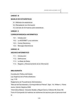 REDISEÑO CURRICULAR ESBAPOL: 2010




UNIDAD IX

MANEJO DE ESTADÍSTICAS

      9.1. Métodos de estadísticas
      9.2. Recopilación de información
      9.3. Llenado de formularios para estadísticas

UNIDAD X

CORRESPONDENCIA INFORMÁTICA

      10.1. Introducción
      10.2. La INTERNET y sus servicios
      10.3. Correo Electrónico
      10.4. Mensajes Electrónicos

UNIDAD XI

ARCHIVO INFORMÁTICO

      11.1. Introducción
      11.2. Definiciones
      11.3. La Base de Datos
      11.4. Registro y Almacenamiento de la Información



BIBLIOGRAFÍA

Constitución Política del Estado
Ley Orgánica de la Policía Boliviana
Ley 1178
Reglamento de Procedimiento Administrativo
“Manual del Secretariado y Correspondencia Policial”, Sgto. 1ro. William J. Flores
Jemio, Edición Séptima 2008
“Informática Básica”, Eduardo Alcalde y Miguel García, Editores Mc Graw Hill.
Tomo III Compendio de materias de exámenes de ascenso para el personal nivel
III

                                          120
 