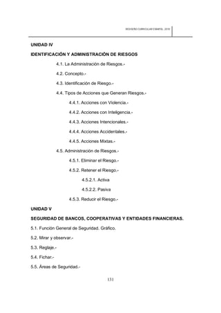 REDISEÑO CURRICULAR ESBAPOL: 2010




UNIDAD IV

IDENTIFICACIÓN Y ADMINISTRACIÓN DE RIESGOS

                4.1. La Administración de Riesgos.-

                4.2. Concepto.-

                4.3. Identificación de Riesgo.-

                4.4. Tipos de Acciones que Generan Riesgos.-

                      4.4.1. Acciones con Violencia.-

                      4.4.2. Acciones con Inteligencia.-

                      4.4.3. Acciones Intencionales.-

                      4.4.4. Acciones Accidentales.-

                      4.4.5. Acciones Mixtas.-

                4.5. Administración de Riesgos.-

                      4.5.1. Eliminar el Riesgo.-

                      4.5.2. Retener el Riesgo.-

                             4.5.2.1. Activa

                             4.5.2.2. Pasiva

                      4.5.3. Reducir el Riesgo.-

UNIDAD V

SEGURIDAD DE BANCOS, COOPERATIVAS Y ENTIDADES FINANCIERAS.

5.1. Función General de Seguridad. Gráfico.

5.2. Mirar y observar.-

5.3. Reglaje.-

5.4. Fichar.-

5.5. Áreas de Seguridad.-

                                           131
 