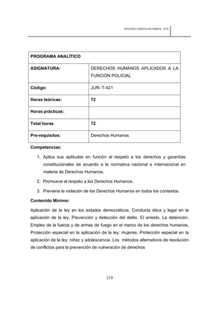 REDISEÑO CURRICULAR ESBAPOL: 2010




PROGRAMA ANALÍTICO

ASIGNATURA:                    DERECHOS HUMANOS APLICADOS A LA
                               FUNCIÓN POLICIAL

Código:                        JUR- T-421

Horas teóricas:                72

Horas prácticas:

Total horas                    72

Pre-requisitos:                Derechos Humanos

Competencias:

   1. Aplica sus aptitudes en función al respeto a los derechos y garantías
      constitucionales de acuerdo a la normativa nacional e internacional en
      materia de Derechos Humanos.

   2. Promueve el respeto a los Derechos Humanos.

   3. Previene la violación de los Derechos Humanos en todos los contextos.

Contenido Mínimo:

Aplicación de la ley en los estados democráticos. Conducta ética y legal en la
aplicación de la ley. Prevención y detección del delito. El arresto. La detención.
Empleo de la fuerza y de armas de fuego en el marco de los derechos humanos.
Protección especial en la aplicación de la ley: mujeres. Protección especial en la
aplicación de la ley: niñez y adolescencia. Los métodos alternativos de resolución
de conflictos para la prevención de vulneración de derechos




                                       210
 