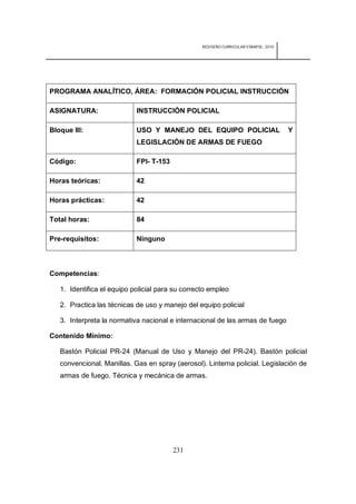 REDISEÑO CURRICULAR ESBAPOL: 2010




PROGRAMA ANALÍTICO, ÁREA: FORMACIÓN POLICIAL INSTRUCCIÓN

ASIGNATURA:                 INSTRUCCIÓN POLICIAL

Bloque III:                 USO Y MANEJO DEL EQUIPO POLICIAL                          Y
                            LEGISLACIÓN DE ARMAS DE FUEGO

Código:                     FPI- T-153

Horas teóricas:             42

Horas prácticas:            42

Total horas:                84

Pre-requisitos:             Ninguno



Competencias:

   1. Identifica el equipo policial para su correcto empleo

   2. Practica las técnicas de uso y manejo del equipo policial

   3. Interpreta la normativa nacional e internacional de las armas de fuego

Contenido Mínimo:

   Bastón Policial PR-24 (Manual de Uso y Manejo del PR-24). Bastón policial
   convencional. Manillas. Gas en spray (aerosol). Linterna policial. Legislación de
   armas de fuego. Técnica y mecánica de armas.




                                         231
 