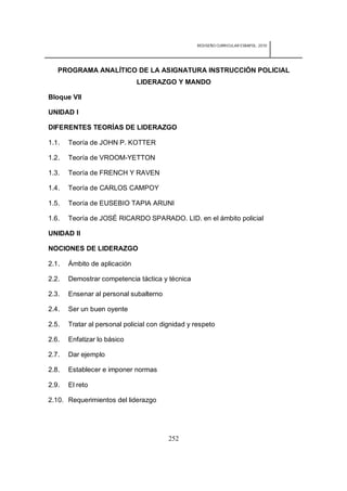REDISEÑO CURRICULAR ESBAPOL: 2010




   PROGRAMA ANALÍTICO DE LA ASIGNATURA INSTRUCCIÓN POLICIAL
                              LIDERAZGO Y MANDO

Bloque VII

UNIDAD I

DIFERENTES TEORÍAS DE LIDERAZGO

1.1.   Teoría de JOHN P. KOTTER

1.2.   Teoría de VROOM-YETTON

1.3.   Teoría de FRENCH Y RAVEN

1.4.   Teoría de CARLOS CAMPOY

1.5.   Teoría de EUSEBIO TAPIA ARUNI

1.6.   Teoría de JOSÉ RICARDO SPARADO. LID. en el ámbito policial

UNIDAD II

NOCIONES DE LIDERAZGO

2.1.   Ámbito de aplicación

2.2.   Demostrar competencia táctica y técnica

2.3.   Ensenar al personal subalterno

2.4.   Ser un buen oyente

2.5.   Tratar al personal policial con dignidad y respeto

2.6.   Enfatizar lo básico

2.7.   Dar ejemplo

2.8.   Establecer e imponer normas

2.9.   El reto

2.10. Requerimientos del liderazgo




                                         252
 