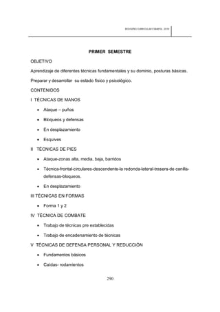 REDISEÑO CURRICULAR ESBAPOL: 2010




                              PRIMER SEMESTRE

OBJETIVO

Aprendizaje de diferentes técnicas fundamentales y su dominio, posturas básicas.

Preparar y desarrollar su estado físico y psicológico.

CONTENIDOS

I TÉCNICAS DE MANOS

      Ataque – puños

      Bloqueos y defensas

      En desplazamiento

      Esquives

II TÉCNICAS DE PIES

      Ataque-zonas alta, media, baja, barridos

      Técnica-frontal-circulares-descendente-la redonda-lateral-trasera-de canilla-
       defensas-bloqueos.

      En desplazamiento

III TÉCNICAS EN FORMAS

      Forma 1 y 2

IV TÉCNICA DE COMBATE

      Trabajo de técnicas pre establecidas

      Trabajo de encadenamiento de técnicas

V TÉCNICAS DE DEFENSA PERSONAL Y REDUCCIÓN

      Fundamentos básicos

      Caídas- rodamientos


                                        290
 