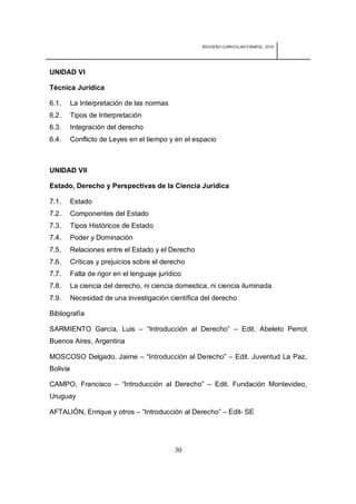 REDISEÑO CURRICULAR ESBAPOL: 2010




UNIDAD VI

Técnica Jurídica

6.1.      La Interpretación de las normas
6.2.      Tipos de Interpretación
6.3.      Integración del derecho
6.4.      Conflicto de Leyes en el tiempo y en el espacio



UNIDAD VII

Estado, Derecho y Perspectivas de la Ciencia Jurídica

7.1.      Estado
7.2.      Componentes del Estado
7.3.      Tipos Históricos de Estado
7.4.      Poder y Dominación
7.5.      Relaciones entre el Estado y el Derecho
7.6.      Críticas y prejuicios sobre el derecho
7.7.      Falta de rigor en el lenguaje jurídico
7.8.      La ciencia del derecho, ni ciencia domestica, ni ciencia iluminada
7.9.      Necesidad de una investigación científica del derecho

Bibliografía

SARMIENTO García, Luis – “Introducción al Derecho” – Edit. Abeleto Perrot
Buenos Aires, Argentina

MOSCOSO Delgado, Jaime – “Introducción al Derecho” – Edit. Juventud La Paz,
Bolivia

CAMPO, Francisco – “Introducción al Derecho” – Edit. Fundación Montevideo,
Uruguay

AFTALIÓN, Enrique y otros – “Introducción al Derecho” – Edit- SE




                                             30
 