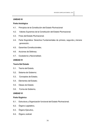 REDISEÑO CURRICULAR ESBAPOL: 2010




UNIDAD III

Parte Axiológica

4.1.   Principios de la Constitución del Estado Plurinacional

4.2.   Valores Supremos de la Constitución del Estado Plurinacional;

4.3.   Fines del Estado Plurinacional.

4.4.   Parte Dogmática: Derechos Fundamentales de primera, segunda y tercera
       generación;

4.5.   Garantías Constitucionales;

4.6.   Acciones de Defensa;

4.7.   Ciudadanía y Nacionalidad.

UNIDAD IV

Teoría Del Estado

5.1.   Teoría del Estado,

5.2.   Sistema de Gobierno:

5.3.   Conceptos de Estado;

5.4.   Elementos del Estado;

5.5.   Clases de Estado;

5.6.   Forma de Gobierno.

UNIDAD VI

Parte Orgánica

6.1.   Estructura y Organización funcional del Estado Plurinacional;

6.2.   Órgano Legislativo,

6.3.   Órgano Ejecutivo,

6.4.   Órgano Judicial


                                         34
 