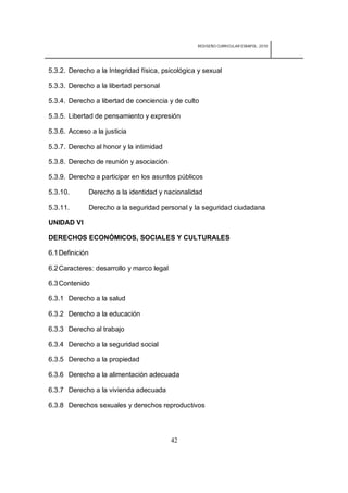 REDISEÑO CURRICULAR ESBAPOL: 2010




5.3.2. Derecho a la Integridad física, psicológica y sexual

5.3.3. Derecho a la libertad personal

5.3.4. Derecho a libertad de conciencia y de culto

5.3.5. Libertad de pensamiento y expresión

5.3.6. Acceso a la justicia

5.3.7. Derecho al honor y la intimidad

5.3.8. Derecho de reunión y asociación

5.3.9. Derecho a participar en los asuntos públicos

5.3.10.          Derecho a la identidad y nacionalidad

5.3.11.          Derecho a la seguridad personal y la seguridad ciudadana

UNIDAD VI

DERECHOS ECONÓMICOS, SOCIALES Y CULTURALES

6.1 Definición

6.2 Caracteres: desarrollo y marco legal

6.3 Contenido

6.3.1 Derecho a la salud

6.3.2 Derecho a la educación

6.3.3 Derecho al trabajo

6.3.4 Derecho a la seguridad social

6.3.5 Derecho a la propiedad

6.3.6 Derecho a la alimentación adecuada

6.3.7 Derecho a la vivienda adecuada

6.3.8 Derechos sexuales y derechos reproductivos




                                           42
 