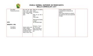 ESUELA NORMAL SUPERIOR DE PIEDECUESTA
MALLA CURRICULAR 2.017
The clothes.
Possessive pronouns.
UNIT6.
WONDERFUL JOBS.
Occupations.
Jobs actions.
Skit, coat, hat, dress,
shoes, t-shirt, dress,
socks, shorts, sweater,
pants, blouse, blue
jeans.
Student, teacher, pilot,
soldier, manager,
secretary, policeman,
policewoman, actor,
dancer, doctor, nurse.
What are you wearing
today?
I am wearing …
What do you like to
wear?
I like to wear…
What does He /She like
to wear?
He /She likes to wear…
Are you a…? / yes, I
am. / No, I’m not.
Who is she? She is a…
What are they? They
are…
Conoce y utiliza el diccionario
correctamente en la traducción de
palabras.
Crea un álbum teniendo en cuenta los
las prendas de vestir y las ocupaciones
en inglés.
 
