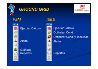 GROUND GRID
FEM
FEM IEEE
IEEE
Ejecutar Cálculo
Alerta
Gráficos
Reportes
Ejecutar Cálculo
Optimizar Cond.
Optimizar Cond. y Jabalinas
Alerta
Reportes
 
