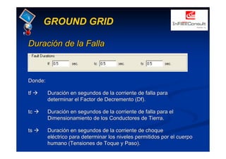 GROUND GRID
Duración
Duración de la
de la Falla
Falla
Donde:
Donde:
tf
tf Æ
Æ Duración en segundos de la corriente de falla para
Duración en segundos de la corriente de falla para
determinar el Factor de Decremento (
determinar el Factor de Decremento (Df
Df).
).
tc
tc Æ
Æ Duración en segundos de la corriente de falla para el
Duración en segundos de la corriente de falla para el
Dimensionamiento
Dimensionamiento de los Conductores de Tierra.
de los Conductores de Tierra.
ts
ts Æ
Æ Duración en segundos de la corriente de choque
Duración en segundos de la corriente de choque
eléctrico para determinar los niveles permitidos por el cuerpo
eléctrico para determinar los niveles permitidos por el cuerpo
humano (Tensiones de Toque y Paso).
humano (Tensiones de Toque y Paso).
 
