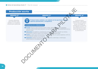 Mallas de Aprendizaje Grado 3° Área de Lenguaje
14
GRADO 3°GRADO 2°
Produce textos
atendiendo a elementos
como el tipo de público
al que va dirigido, el
contexto de circulación,
sus saberes previos y la
diversidad de formatos
de la que dispone para
su presentación.
Produce diferentes
tipos de textos para
atender a un propósito
comunicativo particular.
GRADO 4°
Produce textos verbales y no verbales en los que tiene en cuenta
aspectos gramaticales y ortográficos.
Escribe diversos tipos de texto (como cartas, afiches, pancartas, plegables,
cuentos, entre otros) para expresar sus opiniones frente a una problemática de su
entorno local.
Selecciona las palabras o expresiones más indicadas para escribir sus textos,
teniendo en cuenta a quién van dirigidos y el tema a desarrollar.
Diseña un plan para comunicarse con otros teniendo en cuenta aspectos como la
concordancia verbal y la ortografía.
Segmenta palabras escritas que contienen hiatos, diptongos y triptongos,
apoyándose en los golpes de voz.
EVIDENCIAS DE APRENDIZAJE
8
Producción escrita
DBA
D
O
C
U
M
EN
TO
PAR
A
PILO
TAJE
 