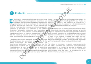 Mallas de Aprendizaje Área de Lenguaje
3
E
l documento Mallas de Aprendizaje define una serie
de aprendizajes, ejes conceptuales, situaciones que
promueven el aprendizaje, propuestas de gestión en
aula, y de evaluación de los aprendizajes. De esta manera,
las Mallas articulan los DBA que a su vez retoman los
EBC; de modo que los maestros e instituciones puedan
fortalecer y actualizar sus currículos y, en últimas,
desarrollar actividades didácticas que cualifiquen el
trabajo en el aula. Aunque no son unidades didácticas, las
Mallas se convierten en insumos para planear a lo largo
del año escolar, y proveen al maestro elementos para
hacer seguimiento al aprendizaje de los estudiantes.
Conviene aclarar que ni las Mallas de Aprendizaje ni los
Derechos Básicos de Aprendizaje son sustitutos de las
Mallas Curriculares, en tanto estas últimas son
documentos elaborados por los maestros de las
instituciones educativas en el marco del PEI de cada
Establecimiento y que, amparadas en la autonomía
curricular que les otorga la Ley 115, se actualizan
permanentemente. Sin embargo, las Mallas de Aprendizaje
sí son un referente de calidad que sirve para definir las
metas y las expectativas de aprendizaje que se espera los
estudiantes desarrollen en cada grado. En esta vía, son un
recurso que facilita a los maestros la construcción y
organización de sus planes de área y de aula de acuerdo
con los intereses y necesidades del contexto.
En consonancia con lo anterior, esta propuesta de Mallas
de Aprendizaje tampoco pretende sustituir la función
asignada al profesor, ni desdibujar su papel fundamental
en el proceso educativo de los estudiantes: garantizar el
óptimo desarrollo de los aprendizajes de los estudiantes
y, para tal fin, diseñar y planear su trabajo de aula,
orientar actividades de aprendizaje, reconocer las
particularidades del contexto, evaluar y tomar decisiones
pertinentes para brindar una educación de calidad.
Tal trabajo es complejo y no puede hacerse asumiendo
los DBA y las Mallas de Aprendizaje como propuestas
curriculares en sí mismas; de allí que el profesor y la
comunidad educativa deben ver en los documentos
mencionados una vía para la actualización y el
fortalecimiento curricular en contexto.
Prefacio1
D
O
C
U
M
EN
TO
PAR
A
PILO
TAJE
 