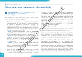 Mallas de Aprendizaje Grado 3° Área de Lenguaje
28
Microhabilidades: 1 y 2 para el vocabulario; 1, 2, 5, 6 y 11
para escritura; 2 y 4 para oralidad.
DBA: 4, 7 y 8
Para promover que el estudiante escriba textos líricos
como los poemas, el docente puede:
•	 Plantear una pregunta a sus estudiantes para generar
una hipótesis, p. ej.: ¿qué pasaría si mañana cada uno
de ustedes se despertara siendo un…?, dividir a los
estudiantes en grupos y asignar un animal diferente
(idealmente que viva en hábitats distintos: acuático,
terrestre y aéreo) a cada grupo junto con algunas
características del animal. P. ej.
- Grupo 1: colibrí (ave pequeña, capaz de mantenerse
suspendida en el aire mientras vuela para libar el néctar
de las flores, y de plumaje colorido y brillante).
- Grupo 2: topo (mamífero que come insectos, de
cuerpo rechoncho, cola corta y pelaje negruzco, que
tiene ojos pequeños y cinco dedos armados de fuertes
uñas que le sirven para apartar la tierra y abrir cuevas
en las que vive).
- Grupo 3: trucha (pez de agua dulce que mide
hasta ochenta centímetros de longitud, con cuerpo
pardo y lleno de pintas rojizas o negras. Su carne es
comestible y muy apetecida).
•	 Invitar a los estudiantes a caminar por el salón
(habiendo organizado las sillas en los bordes del aula)
e imitar al animal asignado con movimientos y sonidos.
•	 Tras unos minutos de juego, indicar a los estudiantes
que tomen asiento y escriban un poema en el que
presenten los pensamientos, sentimientos o estados
de ánimo que tendrían al enterarse de que son el
animal que les fue asignado. Para realizarlo, pedir
que hagan una planeación en la que se respondan
preguntas como:
¿Qué sentí cuando me movía como ________ (animal)?
¿Qué pensé al hacer los sonidos de ________ (animal)?
¿Cómo me sentiría si viviera en _____________________
(hábitat - según el animal)?
•	 Orientarlos para que escriban un poema con un número
de estrofas y versos definidos, empleando rimas.
•	 Para enriquecer esta actividad, pedir a los estudiantes
que busquen en un diccionario de antónimos y
sinónimos una serie de adjetivos que les permitan
expresar sus pensamientos y emociones con rima.
•	 Tras la escritura del texto, revisar signos de
puntuación y ortografía en los poemas. Los
estudiantes reciben la valoración y corrigen sus textos.
•	 Proponer un espacio de celebración de los escritos,
en el que los estudiantes declamen sus poemas.
Durante la lectura, verificar que los estudiantes hagan
las pausas y entonaciones que requiere la lectura de
signos de puntuación, exclamación e interrogación.
Situaciones que promueven el aprendizaje
A
D
O
C
U
M
EN
TO
PAR
A
PILO
TAJE
 