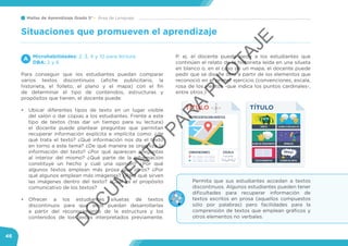 Mallas de Aprendizaje Grado 5° Área de Lenguaje
46
Microhabilidades: 2, 3, 4 y 10 para lectura.
DBA: 2 y 6
Para conseguir que los estudiantes puedan comparar
varios textos discontinuos (afiche publicitario, la
historieta, el folleto, el plano y el mapa) con el fin
de determinar el tipo de contenidos, estructuras y
propósitos que tienen, el docente puede:
•	 Ubicar diferentes tipos de texto en un lugar visible
del salón o dar copias a los estudiantes. Frente a este
tipo de textos (tras dar un tiempo para su lectura)
el docente puede plantear preguntas que permitan
recuperar información explícita e implícita como: ¿de
qué trata el texto? ¿Qué información nos da el texto
en torno a este tema? ¿De qué manera se organiza la
información del texto? ¿Por qué aparecen preguntas
al interior del mismo? ¿Qué parte de la información
constituye un hecho y cuál una opinión? ¿Por qué
algunos textos emplean más prosa que otros? ¿Por
qué algunos emplean más imágenes? ¿Para qué sirven
las imágenes dentro del texto? ¿Cuál es el propósito
comunicativo de los textos?
•	 Ofrecer a los estudiantes siluetas de textos
discontinuos para que ellos puedan desarrollarlas
a partir del reconocimiento de la estructura y los
contenidos de los textos interpretados previamente.
P. ej. el docente puede pedir a los estudiantes que
continúen el relato de la historieta leída en una silueta
en blanco o, en el caso de un mapa, el docente puede
pedir que se diseñe otro a partir de los elementos que
reconoció en el primer ejercicio (convenciones, escala,
rosa de los vientos -que indica los puntos cardinales-,
entre otros.)
Situaciones que promueven el aprendizaje
A
Permita que sus estudiantes accedan a textos
discontinuos. Algunos estudiantes pueden tener
dificultades para recuperar información de
textos escritos en prosa (aquellos compuestos
sólo por palabras) pero facilidades para la
comprensión de textos que emplean gráficos y
otros elementos no verbales.
TÍTULO
REPRESENTACIÓN GRÁFICA
CONVENCIONES ESCALA
N
E0
S
TÍTULO
1:25.000
250 0 250 500 750
VIÑETA GLOBOS O BOCADILLOS
GLOBO DE PENSAMIENTO
TEXTO NARRATIVO
SÍMBOLOS
GLOBOS DE GRITO
D
O
C
U
M
EN
TO
PAR
A
PILO
TAJE
 