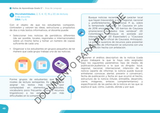 Mallas de Aprendizaje Grado 5° Área de Lenguaje
48
Microhabilidades: 2, 3, 4, 13, 16 y 20 de lectura;
5 de escucha.
DBA: 1 y 6.
Con el objeto de que los estudiantes comparen,
contrasten y valoren las ideas, estructuras y propósitos
de dos o más textos informativos, el docente puede:
•	 Seleccionar tres noticias de periódicos diferentes
(de ser posible, locales, regionales e internacionales)
sobre un mismo tema y tomar un número de copias
suficiente de cada una.
•	 Organizar a los estudiantes en grupos pequeños de tal
manera que cada grupo trabaje una de las noticias.
•	 Proponer el análisis descriptivo de la noticia (cada
grupo trabajará la que le haya sido asignada)
bajo los siguientes parámetros: tipo de medio de
publicación,audiencia a la que va dirigido: local,
regional, nacional, internacional; intención de la
noticia (aparte de informar, la noticia puede buscar
entretener, convocar, alertar, prevenir o convencer),
fecha de publicación y fecha en que ocurrió el hecho,
estructura de la noticia (titular, entradilla, desarrollo,
cierre, imágenes, enlaces complementarios) y
especificación de las partes de la noticia en las que se
explica el qué, cómo, cuándo, dónde y por qué.
C
Forme grupos de estudiantes que tengan
niveles de lectura semejantes. Es conveniente
asignar los textos más sencillos (por
complejidad en elementos gramaticales,
vocabulario poco frecuente o uso de recursos
lingüísticos) a los estudiantes con más
dificultades en la comprensión.
Busque noticias recientes y de carácter local
que hayan trascendido a nivel regional, nacional
y, preferiblemente, internacional. P. ej., sobre
la temporada de lluvias en Caucasia en julio
de 2016 encontramos: “20 barrios de Caucasia
amanecieron inundados tras vendaval” (El
Colombiano), “Antioquia es azotada por
intensas lluvias” (El Espectador) y “¡Caucasia
Solidaria!” (sitio oficial de Caucasia, Antioquia).
La posible ausencia de recursos para presentar
las fuentes de información se soluciona con una
planeación hecha con antelación.
www
D
O
C
U
M
EN
TO
PAR
A
PILO
TAJE
 