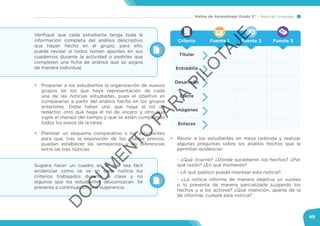Mallas de Aprendizaje Grado 5° Área de Lenguaje
49
•	 Proponer a los estudiantes la organización de nuevos
grupos en los que haya representación de cada
una de las noticias estudiadas, pues el objetivo es
compararlas a partir del análisis hecho en los grupos
anteriores. Debe haber uno que haga el rol de
redactor, otro que haga el rol de vocero y otro que
vigile el manejo del tiempo y que se estén cumpliendo
todos los pasos de la tarea.
•	 Plantear un esquema comparativo a los estudiantes
para que, tras la exposición de los análisis previos,
puedan establecer las semejanzas y las diferencias
entre las tres noticias.
•	 Reunir a los estudiantes en mesa redonda y realizar
algunas preguntas sobre los análisis hechos que le
permitan evidenciar:
- ¿Qué ocurrió? ¿Dónde sucedieron los hechos? ¿Por
qué razón? ¿En qué momento?
- ¿A qué público puede interesar esta noticia?
- ¿La noticia informa de manera objetiva un suceso
o lo presenta de manera parcializada juzgando los
hechos y a los actores? ¿Qué intención, aparte de la
de informar, cumple esta noticia?
Criterio
Títular
Entradilla
Desarrollo
Cierre
Imágenes
Enlaces
Fuente 1 Fuente 2 Fuente 3
Verifique que cada estudiante tenga toda la
información completa del análisis descriptivo
que hayan hecho en el grupo; para ello,
puede revisar si todos toman apuntes en sus
cuadernos durante la actividad o pedirles que
completen una ficha de análisis que se asigna
de manera individual.
Sugiera hacer un cuadro en el que sea fácil
evidenciar cómo se ve en cada noticia los
criterios trabajados durante la clase y no
algunos que los estudiantes desconozcan. Se
presenta a continuación una sugerencia.
D
O
C
U
M
EN
TO
PAR
A
PILO
TAJE
 