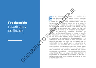Producción
(escritura y
oralidad)
E
n la producción escrita, se espera que
los estudiantes de grado quinto manejen
estrategias para planificar, escribir, revisar
y editar sus textos. Para conseguir esto, una de
las acciones del docente puede ser la de guiar la
planeación por medio de esquemas que permitan
al estudiante definir el tema y las ideas que lo
sustentan, la estructura por medio de la cual
organizará el escrito y el propósito que cumplirá.
Luego, es necesario promover espacios de
escritura en los que el estudiante tenga en cuenta
la planeación, el desarrollo de ideas en párrafos,
el uso de apoyos visuales como imágenes, tablas
o esquemas, la conjugación, la acentuación y la
coherencia. Tras esta labor, se hace necesaria una
revisión del texto de parte del docente o de un
estudiante, siempre guiada por un instrumento de
valoración que permita dar sugerencias para el
mejoramiento. Dicha revisión también puede darse
en un escenario de autoevaluación del escrito y
una corrección de aspectos formales por medio
del uso de diccionarios y compilaciones de normas
ortográficas. Tras esta etapa, se debe plantear al
estudiante la necesidad de corregir su escrito y
editarlo para que otros puedan acceder a lo que
pretende comunicar.
D
O
C
U
M
EN
TO
PAR
A
PILO
TAJE
 