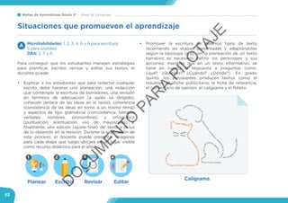 Mallas de Aprendizaje Grado 5° Área de Lenguaje
52
Microhabilidades: 1, 2, 3, 4, 6 y 9 para escritura;
5 para oralidad.
DBA: 2, 7 y 8.
Para conseguir que los estudiantes manejen estrategias
para planificar, escribir, revisar y editar sus textos, el
docente puede:
•	 Explicar a los estudiantes que para redactar cualquier
escrito debe hacerse una planeación, una redacción
que contemple la escritura de borradores, una revisión
en términos de adecuación (a quién va dirigido),
cohesión (enlace de las ideas en el texto), coherencia
(consistencia de las ideas en torno a un mismo tema)
y aspectos de tipo gramatical (concordancia, tiempos
verbales, nombres, pronombres) y ortográfico
(puntuación, acentuación, uso de mayúsculas) y,
finalmente, una edición (ajuste final) del texto a la luz
de lo obtenido en la revisión. Durante la explicación de
este proceso, el docente puede presentar imágenes
para cada etapa que luego ubicará en un lugar visible
como recurso didáctico para el año.
Situaciones que promueven el aprendizaje
A •	 Promover la escritura de diversos tipos de texto
recorriendo las etapas presentadas y adaptándolas
según la tipología (p.ej., en la planeación de un texto
narrativo es necesario definir los personajes y sus
acciones; mientras que en un texto informativo, se
tiene en cuenta la respuesta a preguntas como:
¿qué? ¿Quiénes? ¿Cuándo? ¿Dónde?). En grado
quinto, los estudiantes producen textos como el
resumen, el afiche publicitario, la ficha de referencia,
el comentario de opinión, el caligrama y el folleto.
1 2 3 4
Planear Escribir Revisar Editar
Caligrama
Querido
amigo
me
entretiene tu cola
enmovimi
ento
.
Juguem
os,corram
os
rom
piendoelviento
.
Somosunoyestá
sc
on
m
igoenelm
omento op
ortuno
Esteesu
n
gato abigotad
oquehaqueda
do
atrapadoenunabolad
eestambreyahoraledau
n
calamb
re.
Me alegra
s
todoslosdías.
Miaau
Auuu
Miaau
Auuu
D
O
C
U
M
EN
TO
PAR
A
PILO
TAJE
 