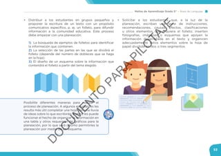 Mallas de Aprendizaje Grado 5° Área de Lenguaje
53
Posibilite diferentes maneras para realizar el
proceso de planeación. A algunos estudiantes les
resulta más útil completar una hoja con una lluvia
de ideas sobre lo que escribirán, a otros les puede
funcionar el hecho de organizar la información en
una tabla y otros requerirán de gráficos para la
planeación, por lo que será óptimo permitirles la
planeación por medio de un esquema.
•	 Distribuir a los estudiantes en grupos pequeños y
proponer la escritura de un texto con un propósito
comunicativo específico, p. ej. un folleto, para difundir
información a la comunidad educativa. Este proceso
debe empezar con una planeación:
1)	 La búsqueda de ejemplos de folletos para identificar
la información que contienen.
2)	 La selección de las partes en las que se dividirá el
folleto (depende del número de dobleces que se haga
en la hoja).
3)	El diseño de un esquema sobre la información que
contendrá el folleto a partir del tema elegido.
•	 Solicitar a los estudiantes que, a la luz de la
planeación, escriban una serie de instrucciones,
recomendaciones, causas, efectos, clasificaciones
u otros elementos que requiera el folleto; inserten
fotografías, imágenes o esquemas que apoyen la
información desarrollada en el texto y organicen
adecuadamente estos elementos sobre la hoja de
papel dividida en dos o tres segmentos.
D
O
C
U
M
EN
TO
PAR
A
PILO
TAJE
 