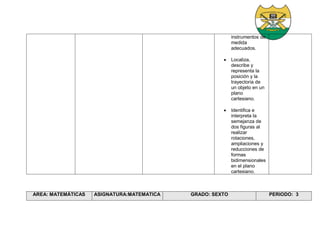 instrumentos de
medida
adecuados.
 Localiza,
describe y
representa la
posición y la
trayectoria de
un objeto en un
plano
cartesiano.
 Identifica e
interpreta la
semejanza de
dos figuras al
realizar
rotaciones,
ampliaciones y
reducciones de
formas
bidimensionales
en el plano
cartesiano.
AREA: MATEMÁTICAS ASIGNATURA:MATEMATICA GRADO: SEXTO PERIODO: 3
 