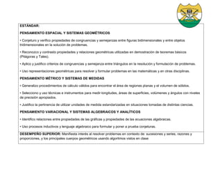 ESTÁNDAR:
PENSAMIENTO ESPACIAL Y SISTEMAS GEOMÉTRICOS
• Conjeturo y verifico propiedades de congruencias y semejanzas entre figuras bidimensionales y entre objetos
tridimensionales en la solución de problemas.
• Reconozco y contrasto propiedades y relaciones geométricas utilizadas en demostración de teoremas básicos
(Pitágoras y Tales).
• Aplico y justifico criterios de congruencias y semejanza entre triángulos en la resolución y formulación de problemas.
• Uso representaciones geométricas para resolver y formular problemas en las matemáticas y en otras disciplinas.
PENSAMIENTO MÉTRICO Y SISTEMAS DE MEDIDAS
• Generalizo procedimientos de cálculo válidos para encontrar el área de regiones planas y el volumen de sólidos.
• Selecciono y uso técnicas e instrumentos para medir longitudes, áreas de superficies, volúmenes y ángulos con niveles
de precisión apropiados.
• Justifico la pertinencia de utilizar unidades de medida estandarizadas en situaciones tomadas de distintas ciencias.
PENSAMIENTO VARIACIONAL Y SISTEMAS ALGEBRAICOS Y ANALÍTICOS
• Identifico relaciones entre propiedades de las gráficas y propiedades de las ecuaciones algebraicas.
• Uso procesos inductivos y lenguaje algebraico para formular y poner a prueba conjeturas.
DESEMPEÑO SUPERIOR: Manifiesta interés al resolver problemas en contexto de: sucesiones y series, razones y
proporciones, y los principales cuerpos geométricos usando algoritmos vistos en clase
 