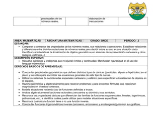 propiedades de los
números reales.
elaboración de
inecuaciones
AREA: MATEMÁTICAS ASIGNATURA:MATEMATICAS GRADO: ONCE PERIODO: 2
ESTANDAR:
 Comparar y contrastar las propiedades de los números reales, sus relaciones y operaciones. Establecer relaciones
y diferencias entre distintas notaciones de números reales para decidir sobre su uso en una situación dada.
Identificar características de localización de objetos geométricos en sistemas de representación cartesiana y otros
(polares, esféricos,..)
DESEMPEÑO SUPERIOR:
 Resuelve ejercicios y problemas que involucran límites y continuidad. Manifiestan rigurosidad en el uso del
lenguaje matemático.
DERECHOS BASICOS DE APRENDIZAJE:
 Conoce las propiedades geométricas que definen distintos tipos de cónicas (parábolas, elipses e hipérbolas) en el
plano y las utiliza para encontrar las ecuaciones generales de este tipo de curvas.
 Utiliza los sistemas de coordenadas espaciales cartesiano y esférico para especificar la localización de objetos en
el espacio.
 Razona geométrica y algebraicamente para resolver problemas y para encontrar fórmulas que relacionan
magnitudes en diversos contextos.
 Modela situaciones haciendo uso de funciones definidas a trozos.
 Analiza algebraicamente funciones racionales y encuentra su dominio y sus asíntotas.
 Reconoce las propiedades básicas que diferencian las familias de funciones exponenciales, lineales, logarítmicas,
polinómicas, etc., e identifica cuáles puede utilizar para modelar situaciones específicas.
 Reconoce cuándo una función tiene o no una función inversa.
 Conoce las funciones trigonométricas inversas (arcoseno, arcocoseno y arcotangente) junto con sus gráficas,
 