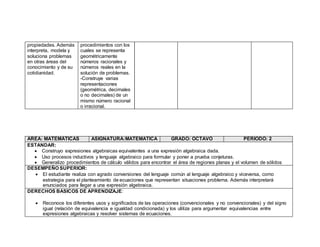 propiedades. Además
interpreta, modela y
soluciona problemas
en otras áreas del
conocimiento y de su
cotidianidad.
procedimientos con los
cuales se representa
geométricamente
números racionales y
números reales en la
solución de problemas.
-Construye varias
representaciones
(geométrica, decimales
o no decimales) de un
mismo número racional
o irracional.
AREA: MATEMÁTICAS ASIGNATURA:MATEMATICA GRADO: OCTAVO PERIODO: 2
ESTANDAR:
 Construyo expresiones algebraicas equivalentes a una expresión algebraica dada.
 Uso procesos inductivos y lenguaje algebraico para formular y poner a prueba conjeturas.
 Generalizo procedimientos de cálculo válidos para encontrar el área de regiones planas y el volumen de sólidos
DESEMPEÑO SUPERIOR:
 El estudiante realiza con agrado conversiones del lenguaje común al lenguaje algebraico y viceversa, como
estrategia para el planteamiento de ecuaciones que representan situaciones problema. Además interpretará
enunciados para llegar a una expresión algebraica.
DERECHOS BASICOS DE APRENDIZAJE:
 Reconoce los diferentes usos y significados de las operaciones (convencionales y no convencionales) y del signo
igual (relación de equivalencia e igualdad condicionada) y los utiliza para argumentar equivalencias entre
expresiones algebraicas y resolver sistemas de ecuaciones.
 