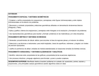 ESTÁNDAR:
PENSAMIENTO ESPACIAL Y SISTEMAS GEOMÉTRICOS
• Conjeturo y verifico propiedades de congruencias y semejanzas entre figuras bidimensionales y entre objetos
tridimensionales en la solución de problemas.
• Reconozco y contrasto propiedades y relaciones geométricas utilizadas en demostración de teoremas básicos
(Pitágoras y Tales).
• Aplico y justifico criterios de congruencias y semejanza entre triángulos en la resolución y formulación de problemas.
• Uso representaciones geométricas para resolver y formular problemas en las matemáticas y en otras disciplinas.
PENSAMIENTO MÉTRICO Y SISTEMAS DE MEDIDAS
• Generalizo procedimientos de cálculo válidos para encontrar el área de regiones planas y el volumen de sólidos.
• Selecciono y uso técnicas e instrumentos para medir longitudes, áreas de superficies, volúmenes y ángulos con niveles
de precisión apropiados.
• Justifico la pertinencia de utilizar unidades de medida estandarizadas en situaciones tomadas de distintas ciencias.
PENSAMIENTO VARIACIONAL Y SISTEMAS ALGEBRAICOS Y ANALÍTICOS
• Identifico relaciones entre propiedades de las gráficas y propiedades de las ecuaciones algebraicas.
• Uso procesos inductivos y lenguaje algebraico para formular y poner a prueba conjeturas.
DESEMPEÑO SUPERIOR: Manifiesta interés al resolver problemas en contexto de: sucesiones y series, razones y
proporciones, y los principales cuerpos geométricos usando algoritmos vistos en clase
 
