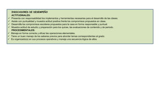 INDICADORES DE DESEMPEÑO
ACTITUDINALES:
 Presenta con responsabilidad los implementos y herramientas necesarias para el desarrollo de las clases.
 Asiste con puntualidad y muestra actitud positiva frente los compromisos propuestos en clase.
 Desarrolla los compromisos escolares propuestos para la casa en forma responsable y puntual.
 Muestra actitud de estudio y preparación para los quices, las evaluaciones de contenido y de periodo.
PROCEDIMENTALES:
 Maneja en forma correcta y eficaz las operaciones elementales.
 Tiene un buen manejo de los saberes previos para abordar temas correspondientes al grado.
 Es organizado(a) en sus procesos operativos y maneja una secuencia lógica de ellos.
 