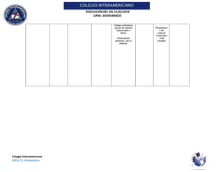 RESOLUCIÓN 091 DEL 15/02/2019
DANE: 305045800020
Colegio Interamericano
ÁREA DE: Matemática
Trabajo individual y
grupal de manera
responsable y
eficaz.
Presentación
personal y de su
entorno.
-
Presentació
n de
material
multimedia
-Test
virtuales
 