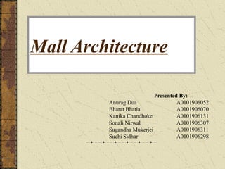 Mall Architecture

                           Presented By:
         Anurag Dua                 A0101906052
         Bharat Bhatia              A0101906070
         Kanika Chandhoke           A0101906131
         Sonali Nirwal              A0101906307
         Sugandha Mukerjei          A0101906311
         Suchi Sidhar               A0101906298
 