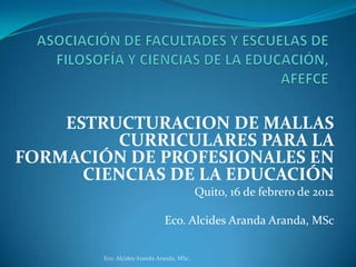 ESTRUCTURACION DE MALLAS
         CURRICULARES PARA LA
FORMACIÓN DE PROFESIONALES EN
      CIENCIAS DE LA EDUCACIÓN
                                           Quito, 16 de febrero de 2012

                              Eco. Alcides Aranda Aranda, MSc


        Eco. Alcides Aranda Aranda, MSc.
 