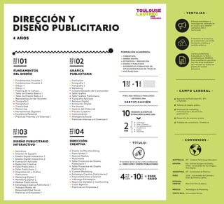 - V E N TA J A S -
FUNDAMENTOS
DEL DISEÑO
Fundamentos Visuales 1
Fundamentos Visuales 2
Dibujo 1
Dibujo 2
Historia de la Cultura
Taller de Diseño Básico 1
Taller de Diseño Básico 2
Representación del Volumen
Tipografía 1
Tipografía 2
Creatividad
Mentoring
Herramientas Digitales
Excelencia Personal
Prácticas Internas y/o Externas I
M Ó
D U
L O 01
DISEÑO PUBLICITARIO
INTERACTIVO
Semiótica
Gestión de Equipos
Diseño Digital Interactivo 1
Diseño Digital Interactivo 2
Ilustración Aplicada
Redacción Creativa
Taller Publicitario 1
Taller Publicitario 2
Diagramación y Gráﬁca
Publicitaria
Marketing Digital 1
Marketing Digital 2
Medios Publicitarios
Estrategia Creativa Publicitaria 1
Trabajos Reales de
Responsabilidad Social
Prácticas en Empresas 1
M Ó
D U
L O 03
DIRECCIÓN
CREATIVA
Diseño de Merchandising
Especialidad 1
Nuevos Medios
Multimedia
Taller Proyectos de Diseño
Publicitario 1
Taller Proyectos de Diseño
Publicitario 2
Content Marketing
Estrategia Creativa Publicitaria 2
Emprendimiento y Gestión
Liderazgo Estratégico
Negocios Globales y Coolhunting
Curso Agencia
Prácticas en Empresas 2
M Ó
D U
L O 04
GRÁFICA
PUBLICITARIA
Ilustración
Fotografía 1
Fotografía 2
Marketing
Comportamiento del Consumidor
Taller Gráﬁco
Taller Gráﬁco Publicitario
Tipografía Aplicada
Retoque Digital
Animación Digital
Pre-Prensa
Gestión del Potencial
Proceso Creativo
Comunicación
Inteligencia Social
Prácticas Internas y/o Externas II
M Ó
D U
L O 02
Enfoque estratégico e
investigación centrada en
el usuario para diseñar
campañas 360 y
multicanal.
El dominio de la técnica,
se sustenta en una sólida
formación artística y
sentido estético.
Carrera profesional
evaluada por la SGS y
acreditada por SINEACE.
Esta acreditación garantiza
los más altos estándares
del mercado en todos los
pilares de calidad
educativa.
- C A M P O L A B O R A L -
Agencias de Publicidad ATL, BTL
y digitales.
Talleres de diseño gráﬁco.
Empresas de marketing,
comunicación y de servicios
publicitarios.
Desarrollo de empresa propia.
Trabajos de consultoría / Freelance.
A nombre de la nación como profesional
en DIRECCIÓN Y DISEÑO PUBLICITARIO
C E R T I F I C A C I Ó N
POR CADA MÓDULO FINALIZADO
OBTIENES UNA
2UAE
10UNIDADES ACADÉMICAS
EXTRACURRICULARES (UAE)
Liderazgo
Arte y Cultura
Complementación
Académica
Inglés
Electivas
M Ó
D U
L O1 A
Ñ
O1=
M Ó
D U
LOS4
U
A
E10 EGRE
SADO
+ =
FORMACIÓN ACADÉMICA:
FORMATIVOS
DISEÑO DIGITAL
ESTRATEGIA / INNOVACIÓN
DISEÑO Y PUBLICIDAD
EXPERIENCIAS FORMATIVAS EN
SITUACIONES REALES DE TRABAJO
EMPLEABILIDAD
- T Ì T U L O -
- C O N V E N I O S -
ESPAÑA: IED - Istituto Europeo de Diseño.
UTAD - Universidad de Tecnología y
Arte Digital.
ESTADOS
UNIDOS: New York Film Academy.
ARGENTINA: UP - Universidad de Palermo.
MÉXICO: Tecnológico de Monterrey.
COSTA RICA: Universidad Véritas.
AUSTRALIA: AIT - Creative Technology Educators
PERÚ: UCAL - Universidad de Ciencias y
Artes de América Latina.
DIRECCIÓN Y
DISEÑO PUBLICITARIO
4 AÑOS
 