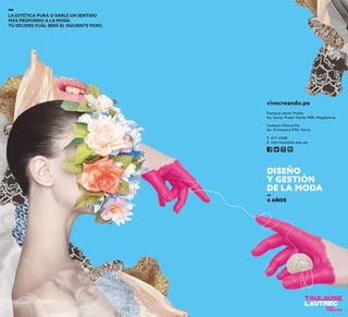 vivecreando.pe
T. 617 2400
E. informes@tls.edu.pe
Campus Chacarilla
Av. Primavera 970, Surco
Campus Javier Prado
Av. Javier Prado Oeste 980, Magdalena
 