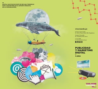 vivecreando.pe
T. 617 2400
E. informes@tls.edu.pe
Campus Chacarilla
Av. Primavera 970, Surco
Campus Javier Prado
Av. Javier Prado Oeste 980, Magdalena
 