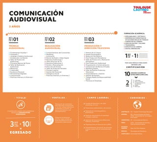 TÉCNICA
AUDIOVISUAL
M Ó
D U
L O 01
PRODUCCIÓN Y
DIRECCIÓN TELEVISIVA
Historia de la Cultura
Diseño Escenográﬁco
Redacción Periodística
Post Producción Periodística
Taller de Producción y Realización
Periodística
Post Producción Audiovisual
Programación y Comercialización
Composición de Efectos Virtuales
Marketing Digital
Taller de Nuevos Productos
Televisivos
Emprendimiento y Gestión
Gestión de Equipos
Trabajos Reales de Responsabilidad
Social
Prácticas en Empresas
M Ó
D U
L O 03
REALIZACIÓN
AUDIOVISUAL
M Ó
D U
L O 02
- V E N TA J A S -
Generación de contenidos
para televisión convencional
y “on line”, pilotos televisivos
orientados a la ﬁcción, al
género periodístico y de
entretenimiento.
Énfasis en la formación
técnica, mayor número de
horas de práctica en el uso
de equipos y laboratorios.
- C A M P O L A B O R A L -
Canales de televisión y de cable,
streaming, y/o vod.
Productoras audiovisuales y de eventos.
Realizadoras cinematográﬁcas o
publicitarias.
Áreas de comunicación en empresas
privadas y públicas.
Agencias de Comunicación,Relaciones
Públicas y Publicidad.
Organizaciones sin ﬁnes de lucro (ONG).
Emprendimiento: formación de empresas
propias o desarrollo de contenidos para
web.
Fundamentos Visuales 1
Fotografía 1
Lenguaje y Estética Audiovisual
Introducción a la Edición
Taller de Producción
Audiovisual
Principios Básicos del Guion
Taller de Realización
Audiovisual
Mentoring
Creatividad
Excelencia Personal
Herramientas Digitales
Comunicación
Prácticas Internas y/o Externas I
Comportamiento del Consumidor
Marketing
Iluminación
Edición de Audio y Video Digital
Narrativa Audiovisual 1
Taller Dirección de TV
Narrativa Audiovisual 2
Sonido y Musicalización
Dirección de Actores
Taller de Productos Seriados
Proceso Creativo
Gestión del Potencial
Inteligencia Social
Prácticas Internas y/o Externas 2
- T Í T U L O -
EGRESADO
M Ó
D U
LOS3
U
A
E10+
=
A nombre de la nación como profesional
técnico en COMUNICACIÓN
AUDIOVISUAL
C E R T I F I C A C I Ó N
POR CADA MÓDULO FINALIZADO
OBTIENES UNA
10UNIDADES ACADÉMICAS
EXTRACURRICULARES (UAE)
EMPLEABILIDAD Y SOFTSKILLS
EMPERIENCIAS FORMATIVAS EN
SITUACIONES REALES DE TRABAJO
FORMACIÓN DE CARRERA
ESPECIALIZACIÓN Y TALLERES
TRANSVERSAL
ESPECÍFICO DE CARRERA
DIGITAL/INNOVACIÓN
FORMACIÓN ACADÉMICA:
M Ó
D U
L O1 A
Ñ
O1=
2UAE
10UNIDADES ACADÉMICAS
EXTRACURRICULARES (UAE)
Liderazgo
Arte y Cultura
Complementación
Académica
Inglés
Electivas
- C O N V E N I O S -
ESPAÑA: IED - Istituto Europeo de Diseño.
UTAD - Universidad de Tecnología y
Arte Digital.
ESTADOS
UNIDOS: New York Film Academy.
ARGENTINA: UP - Universidad de Palermo.
MÉXICO: Tecnológico de Monterrey.
COSTA RICA: Universidad Véritas.
AUSTRALIA: AIT - Creative Technology Educators
PERÚ: UCAL - Universidad de Ciencias y
Artes de América Latina.
COMUNICACIÓN
AUDIOVISUAL
3 AÑOS
 