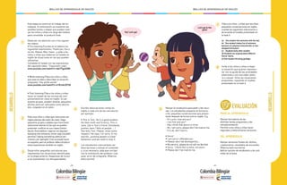 - 200 - - 201 -
MALLAS DE APRENDIZAJE DE INGLÉS MALLAS DE APRENDIZAJE DE INGLÉS
DESARROLLO
1
2
3
4
5
Esta etapa se centra en el trabajo del es-
tudiante. A continuación se muestran las
posibles tareas o etapas que pueden reali-
zar los niños y niñas a lo largo del módulo
para consolidar el producto final:
Observar con atención uno o los siguien-
tes videos:
• Pre listening:Escriba en el tablero las
siguientes expresiones: Thank you, Excu-
se me, Please, May I have…,y pida a los
niños y niñas que elaboren un listado en
inglés de situaciones en las que pueden
utilizarlas.
Complete el listado con las expresiones
del siguiente video: “Classroom rules”
www.youtube.com/watch?v=ddvTFgzkS5M
• While listening:Pida a los niños y niñas
que vean el video y describan la situación
propuesta:“Use polite words”
www.youtube.com/watch?v=o1WJnbJDTS0
• Post listening:Pida a los niños y niñas
hacer el listado de las normas de com-
portamiento en clase en inglés. En pe-
queños grupos, pueden diseñar pequeños
afiches para ser utilizados como decora-
dos, colgados en el salón.
Pida a los niños y niñas que mencionen las
reglas básicas del salón de clase. Haga
pequeños grupos y pídales que mencionen
situaciones diarias en las que se puedan
presentar conflicto en sus clases (Intimi-
dación /Intimidation, toparse con alguien/
bumping into someone, tomar algo sin pedir
permiso / taking something without per-
mission, por ejemplo). Esto se puede hacer
en español, pero el profesor debe introducir
estas expresiones también en inglés.
Desarrollar pequeñas caricaturas que
representan las situaciones identificadas
en la etapa anterior. Asegúrese de incluir
a los estudiantes con discapacidades.
Escribir descripciones cortas en
inglés a cada uno de las caricaturas
por ejemplo:
• This is Tom. He is a good student.
He likes math and Science. This is
Jane, she is Tom’s friend. Somebody
pushes Jane / Yells at people ... /
She tells Tom: Please, show some
respect / He says: I’m sorry. In my
opinión…pushing people is a bad
behaviour and we need to stop it.
Los estudiantes intercambian las
descripciones y revisan el contenido
y, si es necesario, pida que corrijan
con la orientación del profesor cual-
quier error de ortografía. (Rúbrica
texto escrito)
Yay! Let’s go!
6
7
DESARROLLO
8
PARA EL APRENDIZAJE
Revisar borradores de las
distintas tareas propuestas y dar
retroalimentación.
Permitir a los niños y niñas hacer
segundas y hasta terceras versiones.
DEL APRENDIZAJE
Revisar versiones finales de: afiches,
cuestionarios, resultados de encuestas.
(Rúbrica texto escritorio).
Aplicar quizzes de vocabulario y de cont
enido de la tarea.
EVALUACIÓNRevisar el vocabulario para pedir y dar excu-
sas. Los estudiantes preparan en forma es-
crita pequeñas conversaciones que presen-
tarán después de forma oral en inglés. E.g.
- Hi Lucho, how are you?
- I am fine and you?
- Hey I think that pencil is mine.
- Oh, I am sorry, please don’t be mad at me.
- It is ok, don’t worry.
• Sorry!
• I am sorry I offended you
• Please, don’t be disrespectful...
• My name is…please do not call me like that.
• Sorry, I think this is mine, not yours
• Please don’t be mad at me.
Let’s go to the
park!
Pida a los niños y niñas que escriban
pequeñas conversaciones en inglés,
usando las siguientes indicaciones y
de acuerdo al modelo presentado en
la task 6:
(a) One student hits someone with the ball.
(b) One student makes fun of someone
because of a physical characteristic or han-
dicapped (Inclusion).
(c) Students bully other student.
(d) Students are arguing about different
Soccer teams.
(e) One student throwing garbage.
Invite a los niños y niñas a elegir
la situación que quieren represen-
tar con la ayuda de las actividades
anteriores y con una video cáma-
ra o celular, filme las situaciones
propuestas, siguiendo el modelo
presentado en el task 6.
 