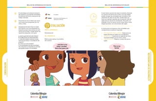 - 202 - - 203 -
MALLAS DE APRENDIZAJE DE INGLÉS MALLAS DE APRENDIZAJE DE INGLÉS
CONSOLIDACIÓN
1
2
3
En esta etapa se socializa el producto
del proyecto y se proponen actividades
de extensión del tema y evaluación del
trabajo realizado:
Presentación de los videos que mues-
tran situaciones propuestas por los
niños y niñas.
Autoevaluación (para hacer en espa-
ñol): Reúne a los y las estudiantes en
pequeños grupos para evaluar la reali-
zación de las tareas. Puedes darles las
siguientes preguntas como guía:
a. ¿Qué te gustó del tema del módulo?
b. ¿Cuáles fueron tus tareas favoritas?
c. ¿Qué dificultades tuviste en la reali-
zación de las tareas o consolidación del
proyecto?
d. ¿Cómo los solucionaste?
• Los estudiantes discuten las pregun-
tas y resumen su respuesta en una hoja
que pueden anexar a su portafolio.
PARA EL APRENDIZAJE
Autoevaluación
DEL APRENDIZAJE
Rúbrica para evaluar el portafolio.
(ver anexos)
ÉTICA:
LENGUAJE:
El respeto.
Importancia del lenguaje en el
manejo de conflictos.
EVALUACIÓN
...and this is my
sister Lourdes.
She’s five years old.
ALTERNATIVASDEIMPLEMENTACIÓN
Si solo tienes una hora de clase a la semana, teniendo
en cuenta la secuencia de la clase y sus tres etapas,
puedes escoger las actividades que consideres más
relevantes de cada una de ellas. Puedes dejar por
fuera, por ejemplo, aquellas que te parezcan más ele-
vadas para el nivel de los estudiantes. Recuerda, sin
embargo, incluir al menos una en la que niños y niñas
tengan que hacer uso comunicativo del inglés.
A continuación se proponen otras actividades que
complementan el producto esperado:
•	 PREPARACIÓN PARA LA TAREA: Elaboración de
Sopas de letras en inglés con el vocabulario.
•	 DESARROLLO: Exposición en inglés de las histo-
rias desarrolladas por los niños y niñas.
•	 CONSOLIDACIÓN: Elaborar un pacto de aula en
inglés.
3Horas
1Hora
This is my
family!
 