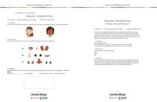 - 266 - - 267 -
MALLAS DE APRENDIZAJE DE INGLÉS MALLAS DE APRENDIZAJE DE INGLÉS
3. SPEAKING
Instrucción: Dibuja tu cara (o trae una foto tuya de casa). Luego presenta las partes a un compañero o compañera.
Modelo:
My name is _____________ . I am a boy/girl. I have two eyes, a nose, a mouth and two ears.
3. EJEMPLOS DE QUIZZES
GRADO TRANSICIÓN
		
QUIZ MÓDULO 1: Juego y aprendo sobre mi cuerpo	 DURACIÓN: 30-60 minutos
1. LISTENING
Instrucción: Escucha a tu profesora. Sigue sus instrucciones en inglés para realizar la siguiente actividad.
2. VOCABULARY
Instrucción: Encierra en un círculo la parte del cuerpo que menciona tu profesora.
A.
B.
C.
QUIZ MÓDULO 1: Juego y aprendo sobre mi cuerpo	 DURACIÓN: 30-60 minutos
En este quiz se evalúa el aprendizaje del vocabulario de las partes de la cara,
así como las habilidades de reconocimiento auditivo de instrucciones sencillas
y expresión oral de palabras y frases previamente estudiadas sobre el tema del
módulo. Las instrucciones en la hoja del estudiante están como referencia, el o la
docente es quien deberá dar las instrucciones de forma oral.
1. LISTENING
Lee el siguiente texto:
My name is Maria. I am a girl. Draw my eyes. Color my hair yellow.
I am a boy. My name is Manuel. Draw my nose. Color my ears red.
2. VOCABULARY
Lee la opción para cada pregunta:
Nose
Eyes
Ear
3. SPEAKING
Para esta actividad, puedes poner a los niños y niñas en parejas. Si prefieres
usar fotos, pide a los niños y niñas con anticipación que traigan una foto suya
desde casa. Esta actividad ha debido ser practicada previamente en clase, de
manera que resulte familiar para los niños y niñas el día del quiz.
GRADO TRANSICIÓN
(Hoja del profesor)
 