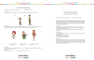 - 268 - - 269 -
MALLAS DE APRENDIZAJE DE INGLÉS MALLAS DE APRENDIZAJE DE INGLÉS
She is tall. Her hair is
long and brown.
She is thin. Her hair is
short and red.
He is fat. His hair is short
and brown.
GRADO PRIMERO
		
QUIZ MÓDULO 2: Valoro nuestras diferencias		 DURACIÓN: 30-60 minutos
1. LISTENING
Instrucción: Escucha a tu profesora. Sigue sus instrucciones en inglés para realizar la actividad.
A. B.
2. VOCABULARY
Instrucción: Une con líneas la imagen con la descripción que corresponde. Escucha con atención mientras tu
profesora lee las siguientes oraciones que te ayudarán a escoger las respuestas correctas.
3. SPEAKING
Instrucción: Dibuja a tu mejor amigo (a) o trae de tu casa una imagen de tu personaje favorito. Luego realiza
oralmente su descripción física
Modelo:
This is my friend _____________ . He is a boy/girl. His/ her hair is _____.
QUIZ MÓDULO 2: Valoro nuestras diferencias 	 DURACIÓN: 30-60 minutos
En este quiz se evalúa el aprendizaje del vocabulario referido a descripciones físicas así
como las habilidades de reconocimiento auditivo de instrucciones sencillas y expresión
oral de palabras y frases previamente estudiadas sobre el tema del módulo. Las instruc-
ciones en la hoja del estudiante están como referencia, el o la docente es quien deberá
dar las instrucciones de forma oral.
1. LISTENING
Lee el siguiente texto para que los niños encierren en un círculo el dibujo que
corresponde a la descripción leída. Es preciso leer pausada y claramente para que
ellos comprendan cuál dibujo encerrar:
I am a boy. My name is Sergio. I am short and a little fat. My hair is straight, short
and brown.
2. VOCABULARY
Lee la opción para cada imagen para que las niñas y niños hagan la respectiva asocia-
ción usando líneas:
a. She is tall. Her hair is long and brown.
b. She is thin. Her hair is short and red.
c. He is fat. His hair is short and brown.
3. SPEAKING
Para esta actividad, pide a los niños y niñas que hagan su propio dibujo o que traigan
la imagen de su personaje favorito. Posteriormente, solicítales que hagan oralmente
y en inglés la respectiva descripción de la imagen que dibujaron o trajeron. Esta acti-
vidad ha debido ser practicada previamente en clase, de manera que resulte familiar
para los niños y niñas el día del quiz.
GRADO PRIMERO
(Hoja del profesor)
 