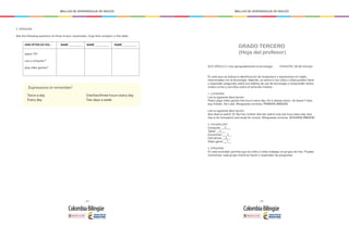 - 274 - - 275 -
MALLAS DE APRENDIZAJE DE INGLÉS MALLAS DE APRENDIZAJE DE INGLÉS
3. SPEAKING
Ask the following questions to three of your classmates. Copy their answers in the table.
HOW OFTEN DO YOU...
watch TV?
use a computer?
play video games?
NAME __________ NAME __________NAME __________
Expressions to remember!
Twice a day
Every day
One/two/three hours every day
Two days a week
QUIZ MÓDULO 4: Uso apropiadamente la tecnología	 DURACIÓN: 30-60 minutos
En este quiz se evalúa la identificación de vocabulario y expresiones en inglés
relacionadas con la tecnología. Además, se valora si los niños y niñas pueden hacer
y responder preguntas sobre sus hábitos de uso de tecnología y comprender textos
orales cortos y sencillos sobre el tema del módulo.
1. LISTENING
Lee la siguiente descripción:
Pedro plays video games five hours every day. He is always alone. He doesn’t have
any friends. He’s sad. (Respuesta correcta: PRIMERA IMAGEN)
Lee la siguiente descripción:
Ana likes to watch TV. But her mother lets her watch only one hour every day. Ana
has to do homework and study for school. (Respuesta correcta: SEGUNDA IMAGEN)
2. VOCABULARY
Computer __3___
Tablet __5___
Earphones ___2__
Cell phone __4__
Video game __1__
3. SPEAKING
En esta actividad, permite que los niños y niñas trabajen en grupos de tres. Puedes
monitorear cada grupo mientras hacen y responden las preguntas.
GRADO TERCERO
(Hoja del profesor)
 