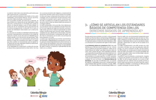 - 38 - - 39 -
MALLAS DE APRENDIZAJE DE INGLÉS MALLAS DE APRENDIZAJE DE INGLÉS
La anterior matriz tiene unos elementos particulares que
vale la pena discutir a continuación:
• La matriz presenta estándares relacionados con las cuatro
habilidades comunicativas básicas: lectura, escritura,
escucha y habla (monólogo y conversación).
• En los grados iniciales, de transición a segundo, se
hace énfasis en el desarrollo de las habilidades orales
(escucha y conversación). El monólogo aún cuando se
utiliza, es reducido debido a que en estas edades, la
producción de los estudiantes parte generalmente de
un estímulo (pregunta) del o la docente. Por lo tanto, el
número de estándares relacionados con la interacción
es mayor.
• La escucha se considera la habilidad fundamental para
promover el aprestamiento comunicativo en los niveles de
transición a quinto, es por esto que es la habilidad que se
enfatiza desde el inicio del proceso de aprendizaje. Cabe
resaltar que, debido a las características del personal
docente a cargo de la enseñanza del inglés, se sugiere
que ellos cuenten con herramientas que les apoyen en
el desarrollo de esta habilidad (material audiovisual,
reproductores de audio, etc.).
• Las habilidades de comprensión y producción escritas
se desarrollan progresivamente en esta matriz. Se inicia
con un proceso de lectura de imágenes y comprensión de
narraciones sencillas a partir de las mismas en los grados
iniciales, para luego ir progresando hacia tareas un poco más
complejas como la comprensión de descripciones cortas
y sencillas en los grados cuarto y quinto. La escritura, por
otro lado, se sugiere ser iniciada en el grado tercero, una
vez ya los niños y niñas han desarrollado este proceso en
su lengua materna.
La matriz presentada, como ya se dijo, hace referencia a
una articulación entre los estándares actuales (Guía 22) y
el Currículo Sugerido de Inglés de transición y primaria.
Cabe anotar que de las mallas de aprendizaje se harán
nuevas contribuciones que incluirán metas, objetivos y
competencias que, además de la comunicativa, incluirán
elementos socioculturales y contextuales del inglés, que
van más en consonancia con la visión y los principios de
esta propuesta curricular.
La matriz aquí sugerida tiene las mismas características
de flexibilidad y adaptabilidad de la propuesta curricular.
Su aplicación variará dependiendo del número de horas, el
nivel y número de estudiantes, entre otras características
particulares de cada contexto de aprendizaje. Es responsabilidad
de cada IE evaluar la relevancia y aplicabilidad de esta
matriz en su contexto.
Durante este proceso de diseño curricular, se han propuesto
también los Derechos Básicos de Aprendizaje (DBA) para los
niveles de transición a quinto de primaria (ver cartilla DBA).
Es importante explicar la distinción entre Estándares y DBA,
y su articulación en la enseñanza del inglés en estos niveles.
• Los Estándares básicos de competencia (EBC) han sido
definidos por el Ministerio de Educación como los “criterios
claros y públicos que permiten establecer cuáles son los
niveles básicos de calidad” que deben alcanzar todos los
niños, niñas y jóvenes del país. Estos estándares presentan
“una expectativa de aprendizaje para desarrollarse en un
lapso largo de tiempo”, es decir que no se establecen para
ser alcanzados en un grado específico. Los EBC mantienen
niveles de generalidad que los docentes pueden flexibilizar
y adaptar en sus currículos. Los Derechos Básicos de
Aprendizaje, por otro lado, son definidos como “un conjunto
de saberes y habilidades acerca de lo fundamental que
cada estudiante debe aprender al finalizar un grado” (MEN,
2015). Los Derechos Básicos de Aprendizaje (DBA) en el
área de inglés son una herramienta fundamental para
asegurar la calidad y equidad educativa de todos los niños,
niñas y jóvenes en el país. Estos derechos describen los
saberes y habilidades básicos que los estudiantes deben
aprender y desarrollar en cada uno de los grados en el
área de inglés.
Los DBA complementan a los EBC porque son más
concretos y brindan una ruta concreta para cada año
escolar, con miras a alcanzar los EBC. De esta manera,
los DBA pueden ser la base para el diseño de planes de
área que estén articulados con las particularidades del
contexto educativo, tales como la diversidad cultural,
étnica, geográfica y social.
La gráfica 3, que se presenta a continuación, muestra
a manera de ejemplo la articulación entre los EBC y
los DBA. En ella se puede observar en el centro el EBC
propuesto para ser cubierto entre los grados primero a
tercero (sigo la secuencia de una historia sencilla, a partir
de imágenes). Alrededor, se presentan los DBA que grado
a grado contribuyen al alcance del EBC.
¿CÓMO SE ARTICULAN LOS ESTÁNDARES
BÁSICOS DE COMPETENCIA CON LOS
DERECHOS BÁSICOS DE APRENDIZAJE?
3-
Let’s count to three,
one, two...
Three!!!!
 