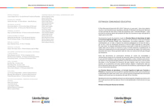 - 6 - - 7 -
MALLAS DE APRENDIZAJE DE INGLÉS MALLAS DE APRENDIZAJE DE INGLÉS
PEREIRA, RISARALDA
Lucero Vargas García - Escuela Normal El Jardín de Risaralda
PLANETA RICA, CÓRDOBA
Sandra Díaz Zapa - IE Simón Bolívar - Sede Miraflores
POLONUEVO, ATLÁNTICO
Gina Solano Algarín - IE Técnica San Pablo de Polonuevo
Tania Orozco Arcón - IE Técnica San Pablo de Polonuevo
PONEDERA, ATLÁNTICO
Olga Lucía Varela Barraza - IE Técnica Comercial De Ponedera
PUERTO COLOMBIA, ATLÁNTICO
Maddy Mercado Mercado - IE San Nicolás de Tolentino
Román Rodríguez Vargas - IE San Nicolás de Tolentino
REPELÓN, ATLÁNTICO
Alison Mendoza Pertuz - IE Jhon F. Kennedy
RIOHACHA, LA GUAJIRA
Dileyny Bermúdez Castro - IE María Doraliza López de Mejía
SAN ANDRÉS, ARCHIPIÉLAGO DE SAN ANDRÉS, PROVIDENCIA
Y SANTA CATALINA
Reina Newball Grenard - IE De La Sagrada Familia
Briceña Corpus Stephens - IE Flowers Hill Bilingual School
Penny Bryan Downs - IE Flowers Hill Bilingual School
YOPAL, CASANARE
Ana Díaz Díaz - IE Llano Lindo
Rosa Rojas Arias - IE Llano Lindo
Ana Mesa Mesa - IE Policarpa Salavarrieta
Yenny Castro Sotaquirá - IE Policarpa Salavarrieta
YUTO, CHOCÓ
Luis Enrique Zúñiga Nagles - IE Antonio Abad Hinestroza
Mercedes Mena Manjarres - IE Antonio Abad Hinestroza
Ruldys Machado Valencia - IE Antonio Abad Hinestroza
GESTORES DE BILINGÜISMO – MINISTERIO DE EDUCACIÓN
NACIONAL
Edwin Ortiz Cardona
Juan Chilito García
Luisa Zapata Londoño
Nathalie Betancourt Rodríguez
Wilson Cardona Peláez
PROGRAMA ENGLISH FOR SCHOOLS, UNIVERSIDAD DEL NORTE
Adriana Aguado Cochez
Arturo Torres Porto
Basilia Santiago Palma
Diana Tirado Tenorio
Dibia Corrales Narvaez
Diego Benitez Julio
Eliana López Cogollo
Heidy Osorio Plata
Iury Ferrer Solano
Jessica Begambre Pérez
Jesús Galindo Zabaleta
Johanna Baiz Correa
Karina Castro Durán
María Montiel Aruachan
Mariluz Vásquez Cassis
Marisela Restrepo Ruiz
Patricia Barros Herrera
El Plan Nacional de Desarrollo 2014-2018 “Todos por un nuevo país”, tiene como objetivo
construir una Colombia en paz, equitativa y educada. El Ministerio de Educación Nacional
se hace partícipe de esta meta a través de programas como “Colombia Bilingüe”, cuyas
acciones se enmarcan dentro del propósito de hacer de Colombia la mejor educada de la
región para el año 2025.
Hoy tenemos el gusto de presentar al país los Derechos Básicos de Aprendizaje de Inglés
y el Currículo Sugerido de Inglés grados Transición a 5º de Primaria. Estas herramientas
buscan que los docentes tengan unos lineamientos curriculares sugeridos y claros,
contribuyendo, por un lado, a mejorar las prácticas pedagógicas en el aula de clase y,
por el otro, a que los estudiantes alcancen el nivel de inglés esperado en cada grado.
Por esta razón, se integran diferentes temáticas esenciales a través de la formación en
inglés, tales como la salud, la convivencia, la paz, el medio ambiente y la globalización. A
través de la implementación de esta propuesta, los docentes de inglés y las instituciones
educativas del sector oficial aportarán cada vez más a la construcción del país bilingüe
que deseamos.
Estos dos documentos se construyeron teniendo en cuenta las necesidades y
características propias de los docentes de educación básica primaria del sector oficial,
lo que permitió establecer ejes transversales adaptables a estos contextos particulares.
Se trata de una propuesta dirigida también a las Secretarías de Educación, a las Escuelas
Normales y a las Facultades de Educación del país, debido a que son dichos actores
quienes, en su autonomía curricular, podrán analizar, adaptar e implementar cada uno
de los elementos dentro del marco de los procesos de enseñanza y aprendizaje del inglés
en sus instituciones educativas.
Los Derechos Básicos de Aprendizaje y el Currículo Sugerido de Inglés para Transición y
Primaria son apuestas que buscan generar igualdad educativa y hacer que la enseñanza y
el aprendizaje del inglés sean vistos como una herramienta fortalecedora de la formación
integral y pertinente para los estudiantes del siglo XXI en Colombia.
Agradecemosalacomunidadeducativaporsusvaliososaportes,dirigidosalaconstrucción
de un país que busca abrirse cada vez más al mundo globalizado y multicultural en el que
vivimos.
Ministerio de Educación Nacional de Colombia.
ESTIMADA COMUNIDAD EDUCATIVA,
 