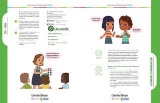 - 182 - - 183 -
MALLAS DE APRENDIZAJE DE INGLÉS MALLAS DE APRENDIZAJE DE INGLÉS
POST-TAREA
1
2
• Autoevaluación (para hacer en
español: Reúne a los y las
estudiantes en pequeños grupos
para evaluar la realización de las
tareas. Puedes darles las siguien-
tes preguntas como guía:
a. ¿Qué te gustó del tema del
módulo?
En esta etapa, la tarea es evalua-
da por el o la docente y los o las
participantes, y se proponen acti-
vidades que extiendan las tareas
realizadas.
Diseñar y jugar un juego de mesa
en inglés para repasar el vocabu-
lario estudiado y hacer y responder
preguntas sobre los hábitos tecno-
lógicos (e.g. monopoly, snake and
ladders).
PARA EL APRENDIZAJE
Autoevaluación
DEL APRENDIZAJE
Rúbrica para evaluar el portafolio.
(ver anexos)
INFORMÁTICA: Usos del computador
MATEMÁTICAS: Números, porcentajes y
gráficas
EVALUACIÓN
Si sólo tienes una hora de inglés a la semana, puedes
escoger entre las actividades propuestas para cada
etapa, aquellas que sientas que serán más signifi-
cativas y que darán más oportunidades a los niños y
niñas de mejorar sus habilidades en inglés, teniendo
en cuenta la secuencia didáctica y sus necesidades
y particularidades. Se sugiere incluir al menos dos
actividades por etapa.
Además de las tareas propuestas arriba, puedes hacer
las siguientes:
•	 PREPARACIÓN PARA LA TAREA: Pedir a tus es-
tudiantes que diseñen sus propias flashcards en
inglés con el vocabulario del módulo.
•	 TAREA SUGERIDA: Crear un póster en inglés que
ilustre las distintas tecnologías y su uso o función,
ventajas y desventajas. Publicarlo en los murales
del colegio.
•	 POST-TAREA: Usar los espacios de receso para
dar recomendaciones a compañeros y compañe-
ras en inglés y en español sobre el buen uso de la
tecnología
3Horas
1Hora
b. ¿Cuáles fueron tus tareas
favoritas?
c. ¿Qué dificultades tuviste en la
realización de las tareas?
d. ¿Cómo las solucionaste?
ALTERNATIVASDEIMPLEMENTACIÓN
Use red to color the
circles, and blue to
color the squares.
Do we have
homework?
Did you do the
homework?
 