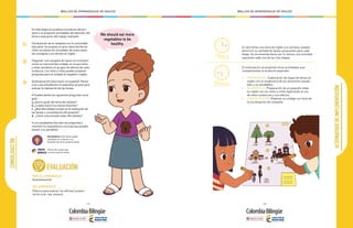 - 194 - - 195 -
MALLAS DE APRENDIZAJE DE INGLÉS MALLAS DE APRENDIZAJE DE INGLÉS
CONSOLIDACI´ÓN
1
2
3
En esta etapa se socializa el producto del pro-
yecto y se proponen actividades de extensión del
tema y evaluación del trabajo realizado.
Socialización de la campaña con la comunidad
educativa. Se prepara un gran stand donde los
niños socializan los resultados de la encuesta,
las consignas y los afiches en inglés.
Organizar una campaña de salud con la presen-
cia de un nutricionista invitado, en la que niños
y niñas socialicen en grupos los efectos de cada
sustancia. Los niños y niñas pueden preparar
preguntas para el invitado en español o inglés.
Autoevaluación (para hacer en español): Reúne
a los y las estudiantes en pequeños grupos para
evaluar la realización de las tareas.
• Puedes darles las siguientes preguntas como
guía:
a ¿Qué te gustó del tema del módulo?
b. ¿Cuáles fueron tus tareas favoritas?
c. ¿Qué dificultades tuviste en la realización de
las tareas o consolidación del proyecto?
d. ¿Cómo solucionaste estas dificultades?
• Los estudiantes discuten las preguntas y
resumen su respuesta en una hoja que pueden
anexar a su portafolio.
PARA EL APRENDIZAJE
Autoevaluación
DEL APRENDIZAJE
Rúbrica para evaluar los afiches/ presen-
tación oral. (ver anexos)
CIENCIAS
NATURALES
Efecto de sustancias
nocivas para la salud.
EVALUACIÓN
Idea didáctica: Esta tarea puede
realizarse en conjunto con
docentes de otros grados/ áreas.
We should eat more
vegetables to be
healthy.
ALTERNATIVASDEIMPLEMENTACIÓN
Si sólo tienes una hora de inglés a la semana, puedes
disminuir la cantidad de tareas propuestas para cada
etapa. Se recomienda hacer por lo menos una actividad
siguiendo cada una de las tres etapas.
A continuación se proponen otras actividades que
complementan el producto esperado:
•	 PREPARACIÓN: Elaboración de Sopas de letras en
inglés con el vocabulario de los alimentos saluda-
bles y no saludables.
•	 DESARROLLO: Preparación de un pequeño video
en inglés con los niños y niñas explicando el uso
de estas sustancias y sus efectos.
•	 CONSOLIDACIÓN: Elaborar un collage con fotos de
la socialización de campaña.
3Horas
1Hora
 