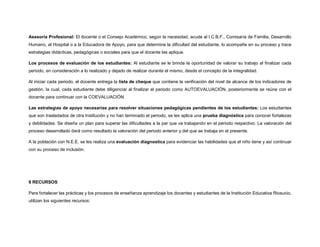Asesoría Profesional: El docente o el Consejo Académico, según la necesidad, acude al I.C.B.F., Comisaría de Familia, Desarrollo
Humano, al Hospital o a la Educadora de Apoyo, para que determine la dificultad del estudiante, lo acompañe en su proceso y trace
estrategias didácticas, pedagógicas o sociales para que el docente las aplique.
Los procesos de evaluación de los estudiantes: Al estudiante se le brinda la oportunidad de valorar su trabajo al finalizar cada
periodo, en consideración a lo realizado y dejado de realizar durante el mismo, desde el concepto de la integralidad.
Al iniciar cada periodo, el docente entrega la lista de cheque que contiene la verificación del nivel de alcance de los indicadores de
gestión, la cual, cada estudiante debe diligenciar al finalizar el periodo como AUTOEVALUACIÓN, posteriormente se reúne con el
docente para continuar con la COEVALUACIÓN.
Las estrategias de apoyo necesarias para resolver situaciones pedagógicas pendientes de los estudiantes: Los estudiantes
que son trasladados de otra Institución y no han terminado el periodo, se les aplica una prueba diagnóstica para conocer fortalezas
y debilidades. Se diseña un plan para superar las dificultades a la par que va trabajando en el periodo respectivo. La valoración del
proceso desarrollado dará como resultado la valoración del periodo anterior y del que se trabaja en el presente.
A la población con N.E.E. se les realiza una evaluación diagnostica para evidenciar las habilidades que el niño tiene y así continuar
con su proceso de inclusión.
9 RECURSOS
Para fortalecer las prácticas y los procesos de enseñanza aprendizaje los docentes y estudiantes de la Institución Educativa Riosucio,
utilizan los siguientes recursos:
 