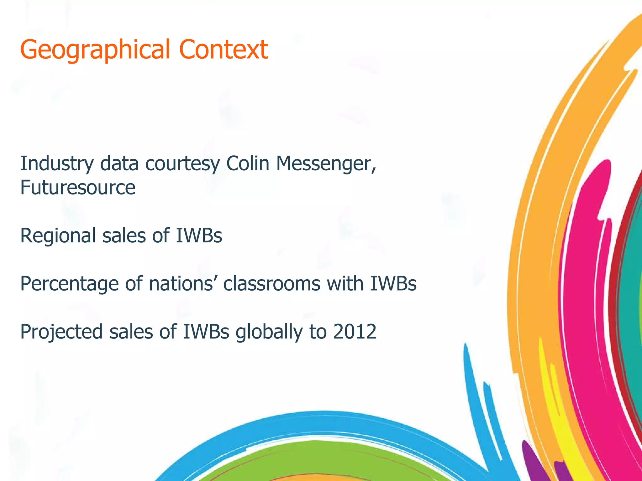 Geographical Context Industry data courtesy Colin Messenger, Futuresource Regional sales of IWBs Percentage of nations’ classrooms with IWBs Projected sales of IWBs globally to 2012 