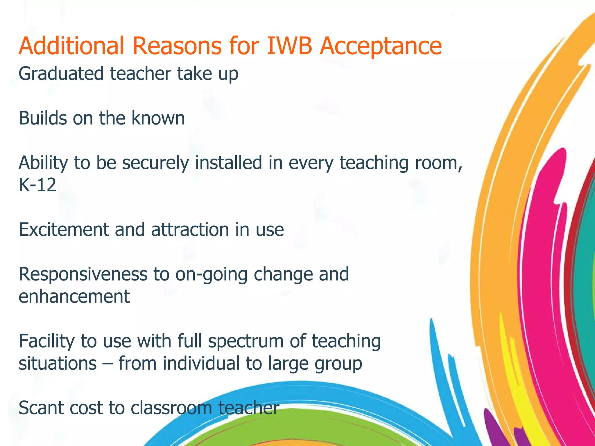 Additional Reasons for IWB Acceptance Graduated teacher take up Builds on the known Ability to be securely installed in every teaching room, K-12 Excitement and attraction in use Responsiveness to on-going change and enhancement Facility to use with full spectrum of teaching situations – from individual to large group Scant cost to classroom teacher 
