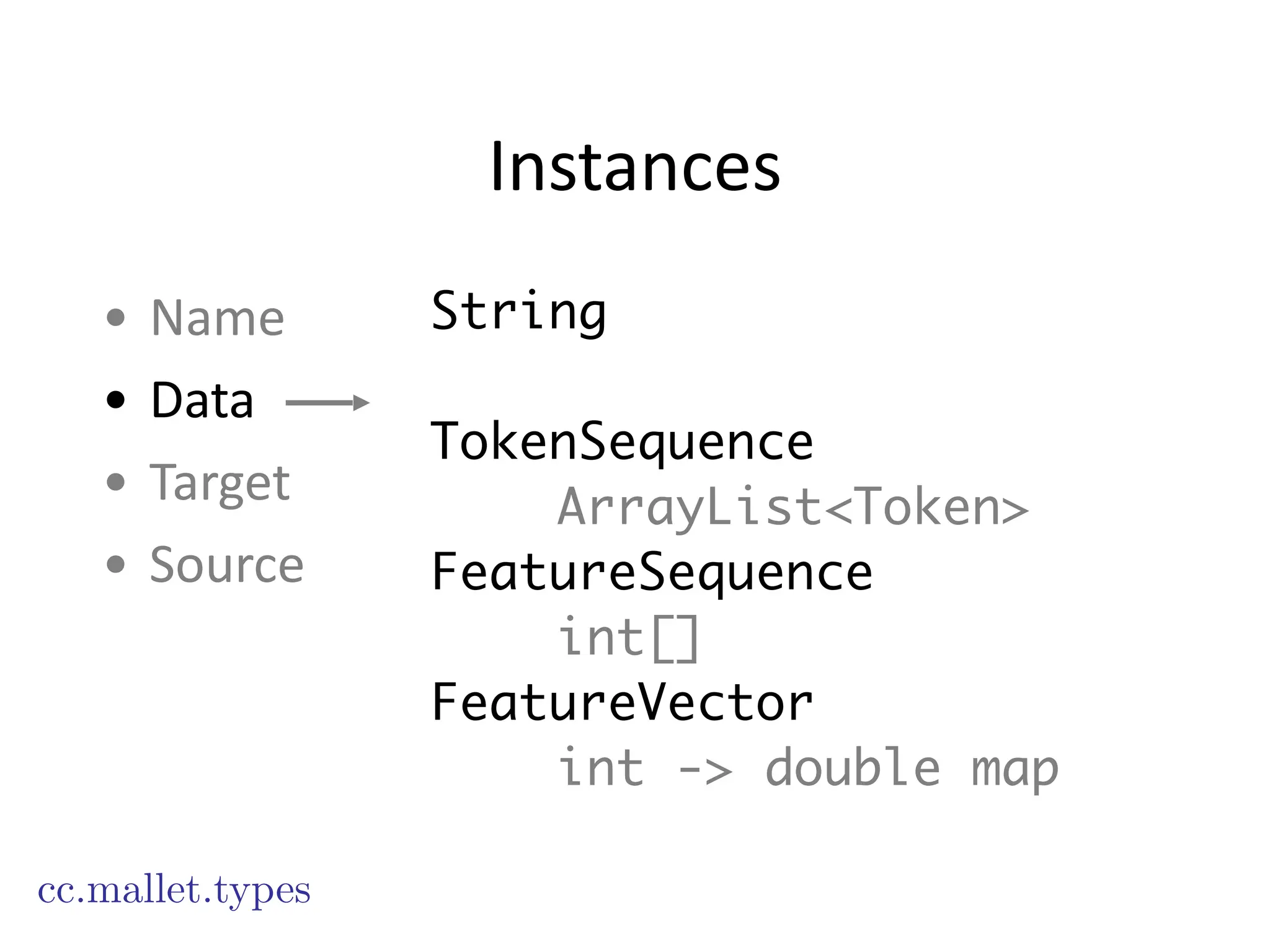 Instances
• Name	
  
• Data	
  
• Target	
  
• Source
String
!
TokenSequence
ArrayList<Token>
FeatureSequence
int[]
FeatureVector
int -> double map
cc.mallet.types
 