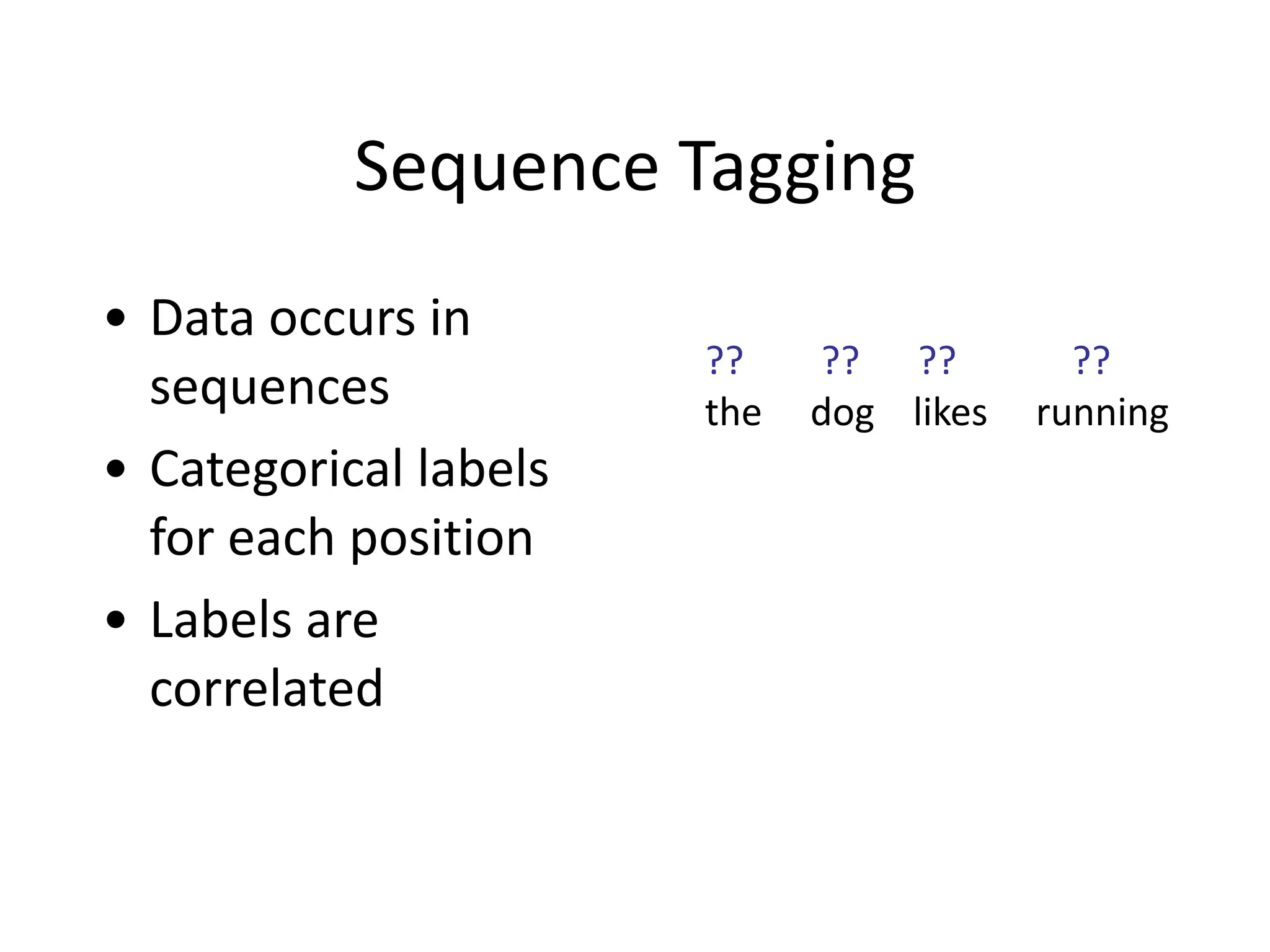 Sequence	
  Tagging
• Data	
  occurs	
  in	
  
sequences	
  
• Categorical	
  labels	
  
for	
  each	
  position	
  
• Labels	
  are	
  
correlated
??	
  	
  	
  	
  	
  	
  	
  	
  ??	
  	
  	
  	
  	
  	
  ??	
  	
  	
  	
  	
  	
  	
  	
  	
  	
  	
  	
  ??
the	
  	
  	
  	
  	
  dog	
  	
  	
  	
  likes	
  	
  	
  	
  	
  running
 