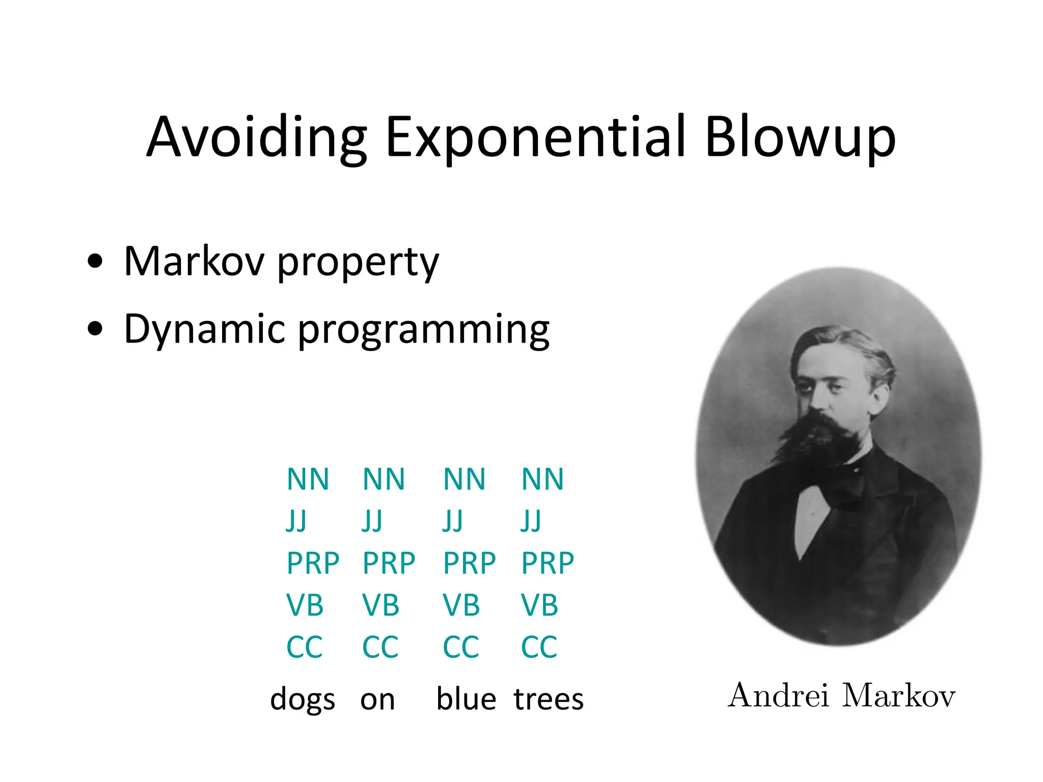Avoiding	
  Exponential	
  Blowup
• Markov	
  property	
  
• Dynamic	
  programming
NN
JJ
PRP
VB
CC
NN
JJ
PRP
VB
CC
NN
JJ
PRP
VB
CC
NN
JJ
PRP
VB
CC
	
  	
  	
  	
  	
  	
  	
  	
  	
  	
  	
  	
  	
  	
  	
  	
  	
  	
  dogs	
  	
  	
  on	
  	
  	
  	
  	
  blue	
  	
  trees Andrei Markov
 